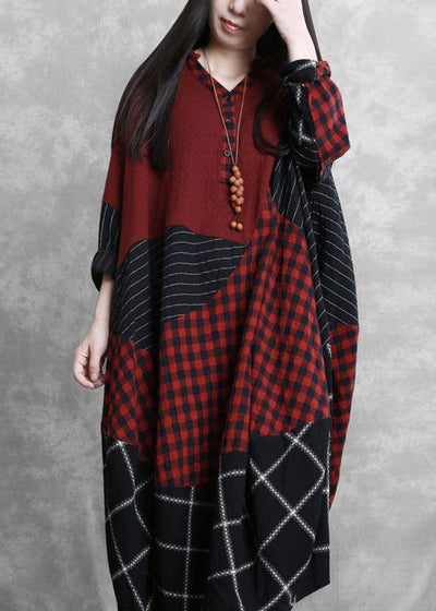 Simple burgundy plaid clothes v neck patchwork Maxi Dress - bagstylebliss