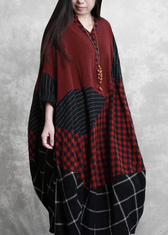 Simple burgundy plaid clothes v neck patchwork Maxi Dress - bagstylebliss