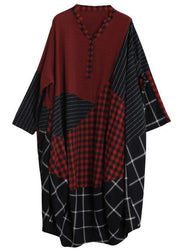 Simple burgundy plaid clothes v neck patchwork Maxi Dress - bagstylebliss