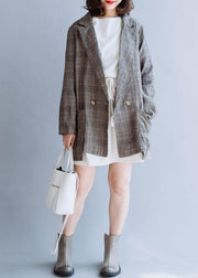 Simple chocolate plaid cotton shirts Notched double breast Midi fall top - bagstylebliss