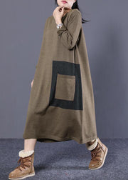 Simple cotton clothes Women Organic Loose Round Neck Long Knit Sweater Chocolate and Black Dress