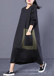 Simple cotton clothes Women Organic Loose Round Neck Long Knit Sweater Chocolate and Black Dress