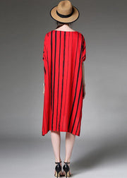 Simple cotton linen clothes For Women Fashion red Striped Print Summer Plus Size Dress - bagstylebliss