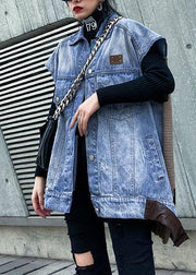 Simple denim blue cotton blouses for women lapel sleeveless Midi spring tops - bagstylebliss