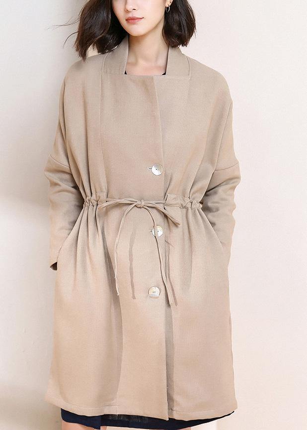 Simple drawstring Plus Size spring maxi coat nude Plus Size Clothing coats - bagstylebliss