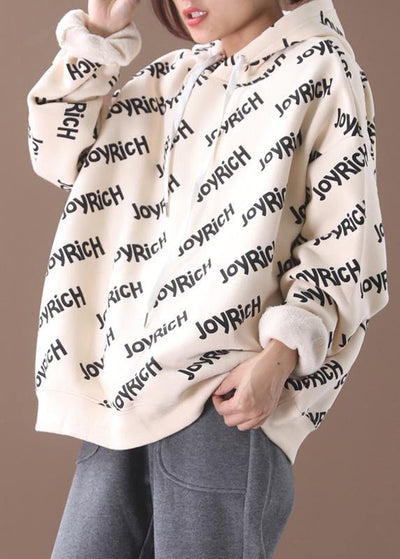 Simple drawstring cotton hooded top silhouette Outfits beige alphabet prints tops - bagstylebliss