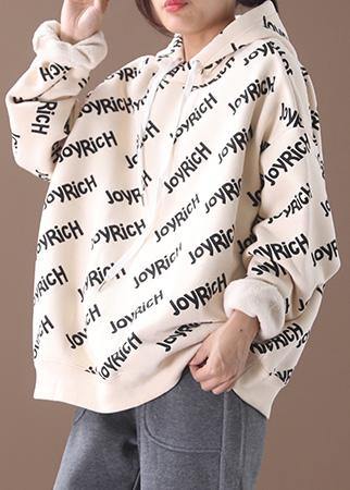 Simple drawstring cotton hooded top silhouette Outfits beige alphabet prints tops - bagstylebliss