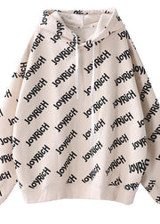 Simple drawstring cotton hooded top silhouette Outfits beige alphabet prints tops - bagstylebliss