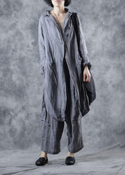 Simple gray linen tunic top lapel collar Midi long sleeve coat - bagstylebliss