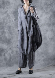 Simple gray linen tunic top lapel collar Midi long sleeve coat - bagstylebliss