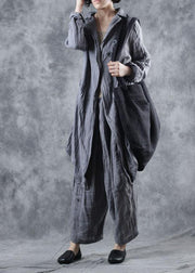 Simple gray linen tunic top lapel collar Midi long sleeve coat - bagstylebliss
