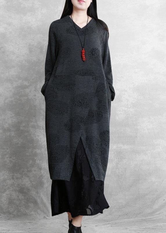 Simple gray quilting dresses v neck patchwork Robe fall Dresses - bagstylebliss