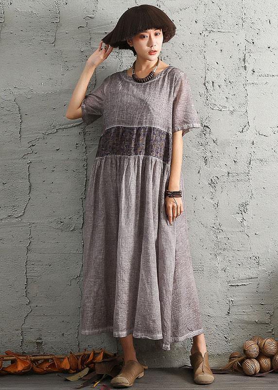 Simple gray short sleeve cotton dresses patchwork cotton summer Dresses - bagstylebliss