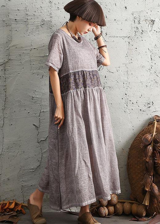 Simple gray short sleeve cotton dresses patchwork cotton summer Dresses - bagstylebliss