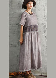 Simple gray short sleeve cotton dresses patchwork cotton summer Dresses - bagstylebliss