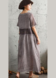 Simple gray short sleeve cotton dresses patchwork cotton summer Dresses - bagstylebliss