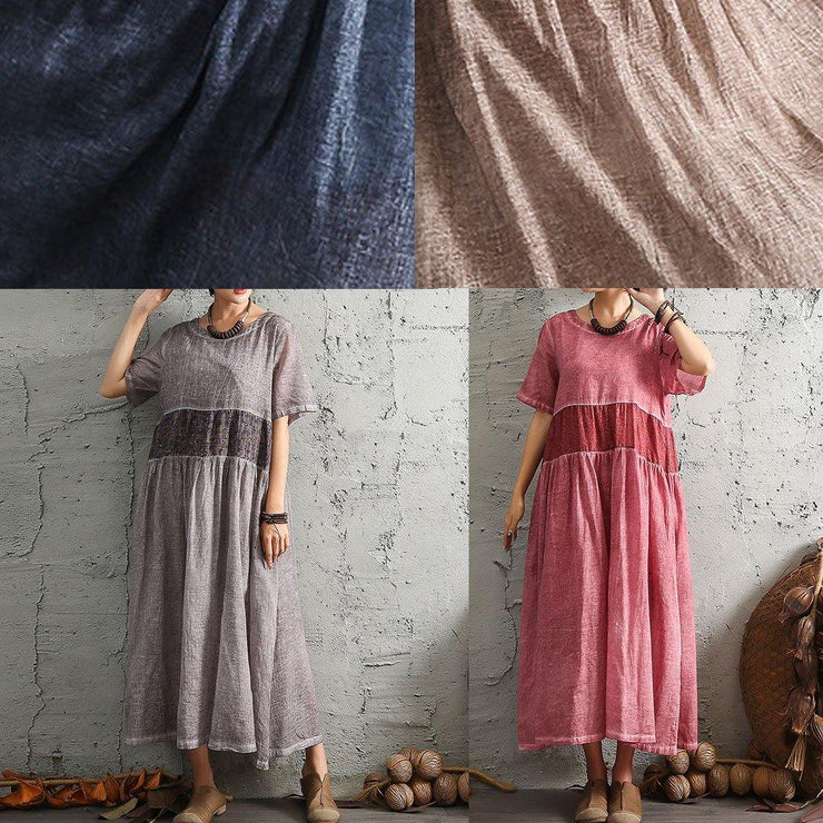 Simple gray short sleeve cotton dresses patchwork cotton summer Dresses - bagstylebliss