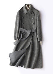 Simple gray striped Plus Size Long Woolen CoatsTutorials lapel tie waist outwears - bagstylebliss