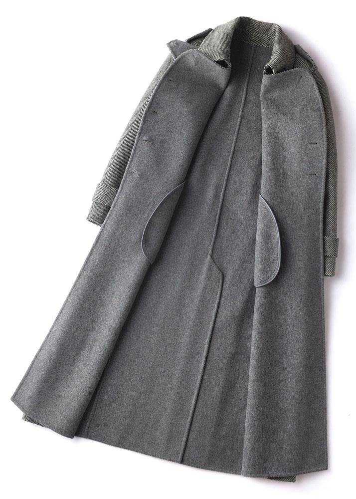 Simple gray striped Plus Size Long Woolen CoatsTutorials lapel tie waist outwears - bagstylebliss
