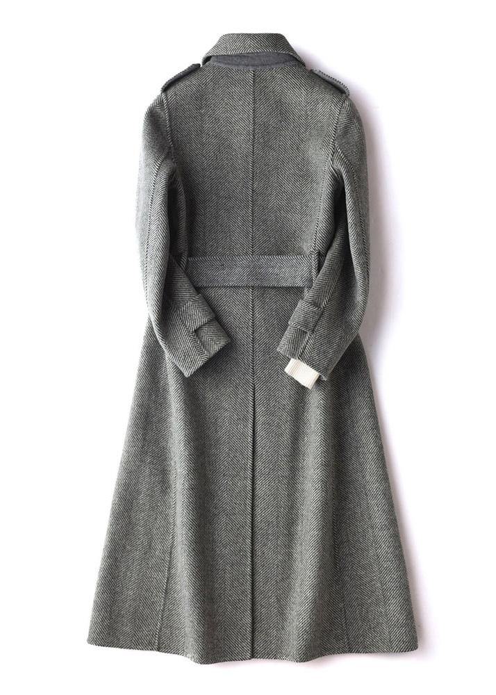 Simple gray striped Plus Size Long Woolen CoatsTutorials lapel tie waist outwears - bagstylebliss