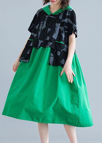 Simple green hooded cotton clothes patchwork Art summer Dresses - bagstylebliss