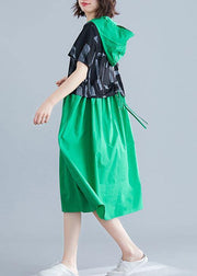 Simple green hooded cotton clothes patchwork Art summer Dresses - bagstylebliss