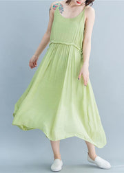 Simple green linen dresses Spaghetti Strap drawstring loose summer Dresses - bagstylebliss