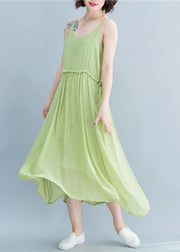 Simple green linen dresses Spaghetti Strap drawstring loose summer Dresses - bagstylebliss