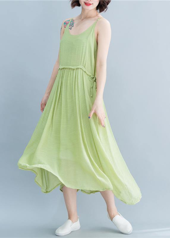 Simple green linen dresses Spaghetti Strap drawstring loose summer Dresses - bagstylebliss