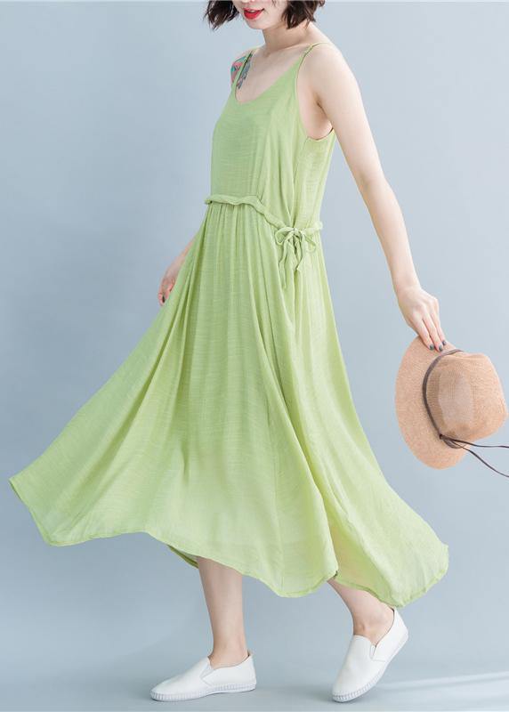 Simple green linen dresses Spaghetti Strap drawstring loose summer Dresses - bagstylebliss