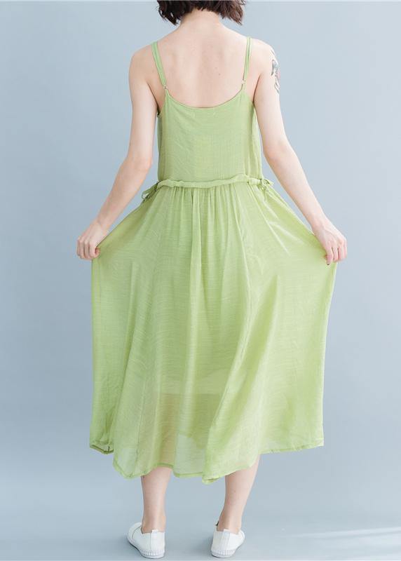 Simple green linen dresses Spaghetti Strap drawstring loose summer Dresses - bagstylebliss