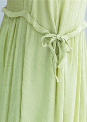 Simple green linen dresses Spaghetti Strap drawstring loose summer Dresses - bagstylebliss