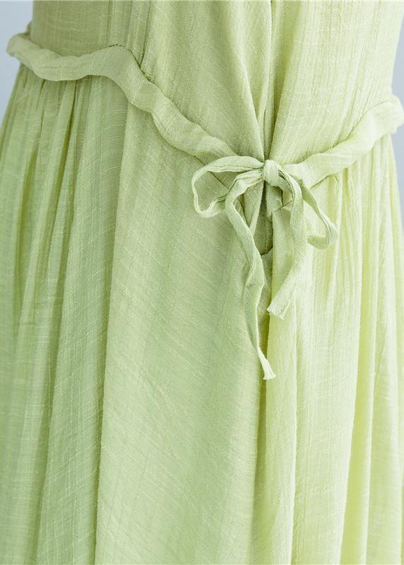 Simple green linen dresses Spaghetti Strap drawstring loose summer Dresses - bagstylebliss