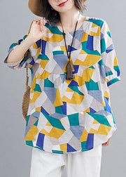 Simple green print linen clothes For Women Shape o neck lantern sleeve summer top - bagstylebliss