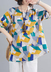 Simple green print linen clothes For Women Shape o neck lantern sleeve summer top - bagstylebliss