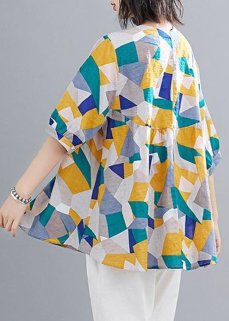 Simple green print linen clothes For Women Shape o neck lantern sleeve summer top - bagstylebliss