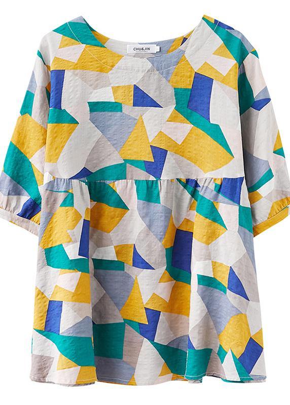 Simple green print linen clothes For Women Shape o neck lantern sleeve summer top - bagstylebliss