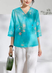 Simple green print linen clothes v neck summer blouses - bagstylebliss