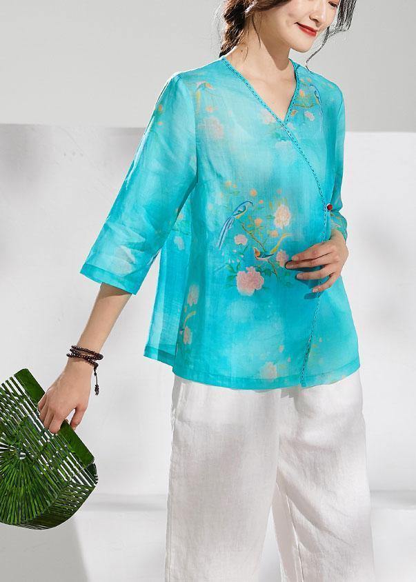 Simple green print linen clothes v neck summer blouses - bagstylebliss