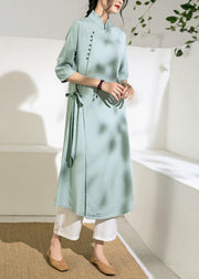 Simple green tunic top stand collar tie waist Dress - bagstylebliss