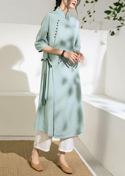 Simple green tunic top stand collar tie waist Dress - bagstylebliss