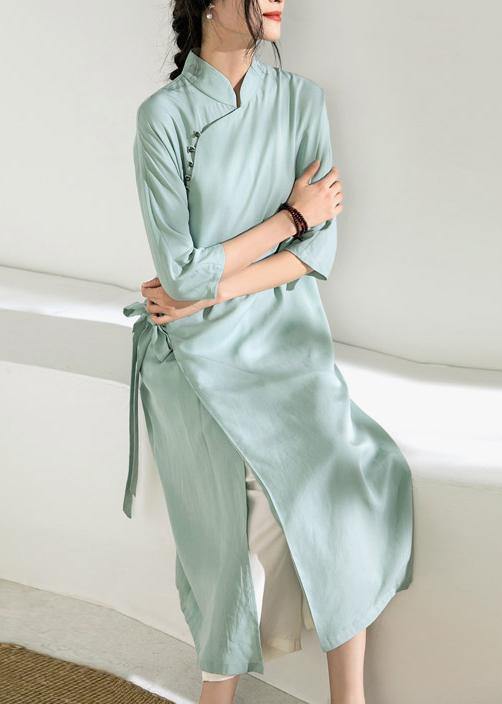 Simple green tunic top stand collar tie waist Dress - bagstylebliss