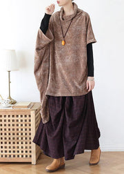 Simple high neck asymmetric cotton tops women khaki tops - bagstylebliss