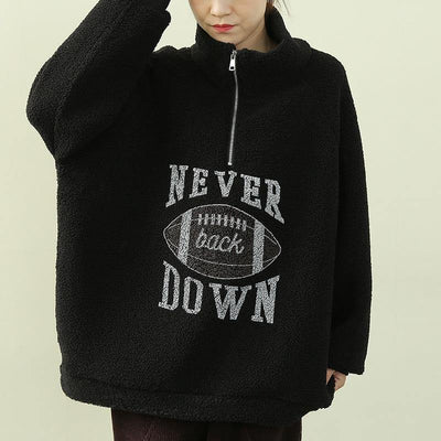 Simple high neck zippered clothes black Letter fuzzy wool top - bagstylebliss
