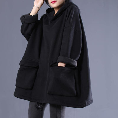 Simple hooded drawstring spring shirts women black tops - bagstylebliss