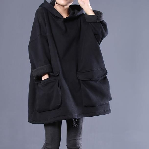 Simple hooded drawstring spring shirts women black tops - bagstylebliss