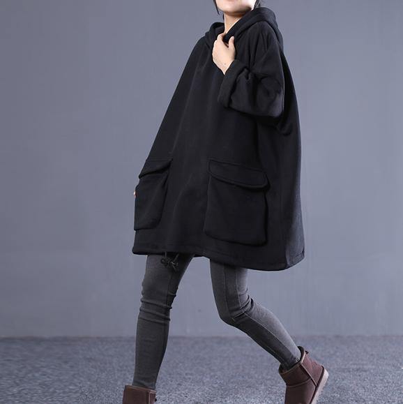Simple hooded drawstring spring shirts women black tops - bagstylebliss