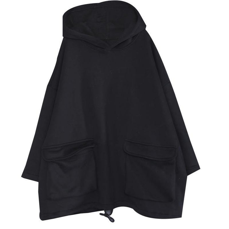 Simple hooded drawstring spring shirts women black tops - bagstylebliss