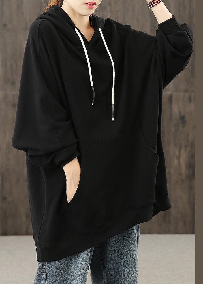 Simple hooded drawstring tunics for women Christmas Gifts black shirts - bagstylebliss