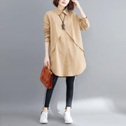 Simple khaki cotton Blouse 2024 pattern lapel asymmetric short blouses